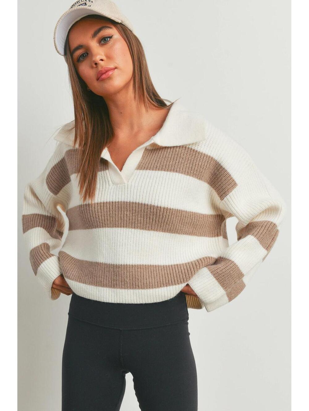 STRIPE DROP SHOULDER WITH WIDE COLLAR Sweater